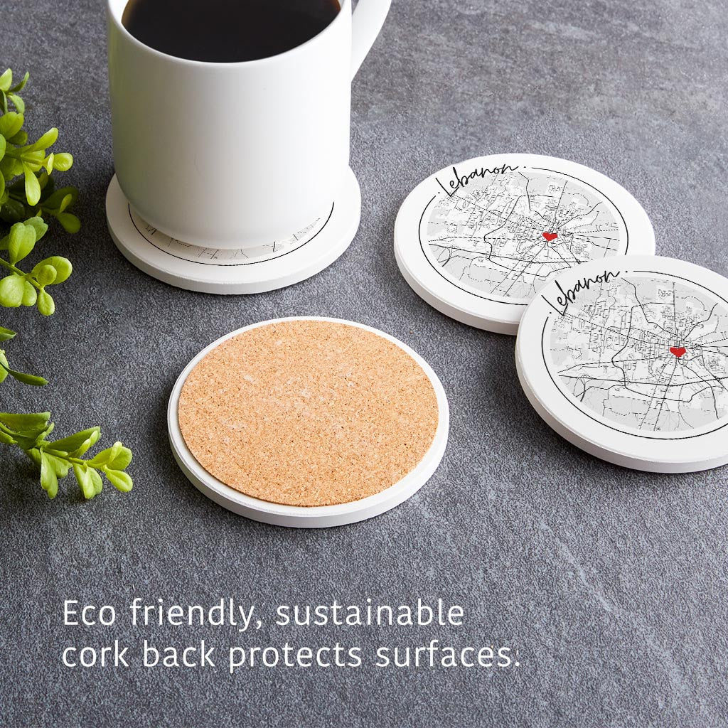Minimalist B&W Tennessee Lebanon Circle Map Heart | Absorbent Coasters | Set of 4 | Min 2