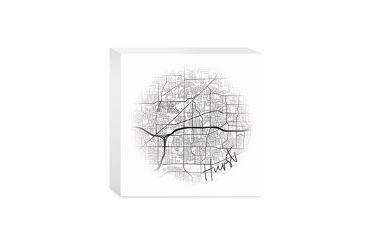Minimalistic B&W Texas Hurst Circle Map | Wood Block | Eaches | Min 4