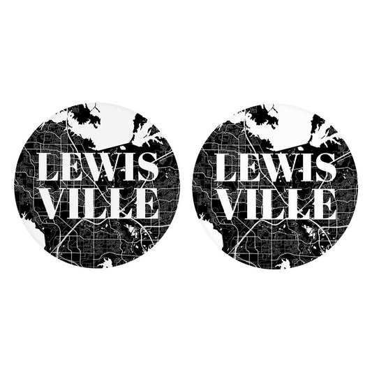 Minimalistic B&W Texas Lewisville Map | Absorbent Car Coasters | Set of 2 | Min 4
