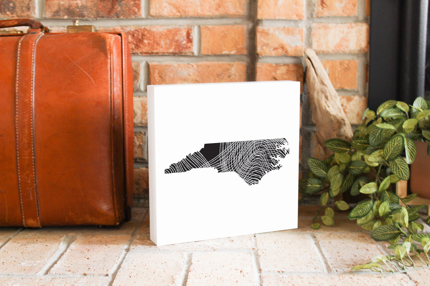 Minimalistic B&W North Carolina State Black With Fluid Lines | Wood Block | Eaches | Min 2