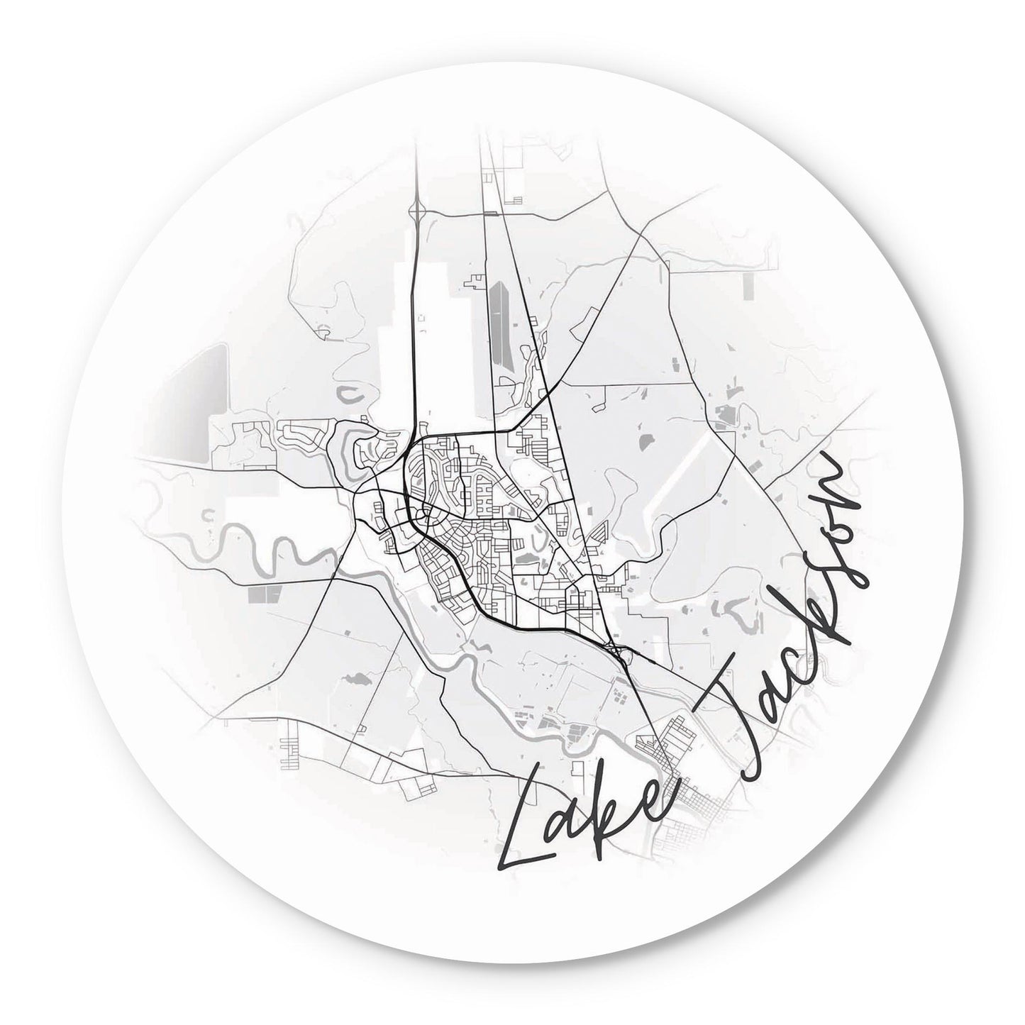 Minimalistic B&W Texas Lake Jackson Circle Map | Wood Sign | Eaches | Min 1