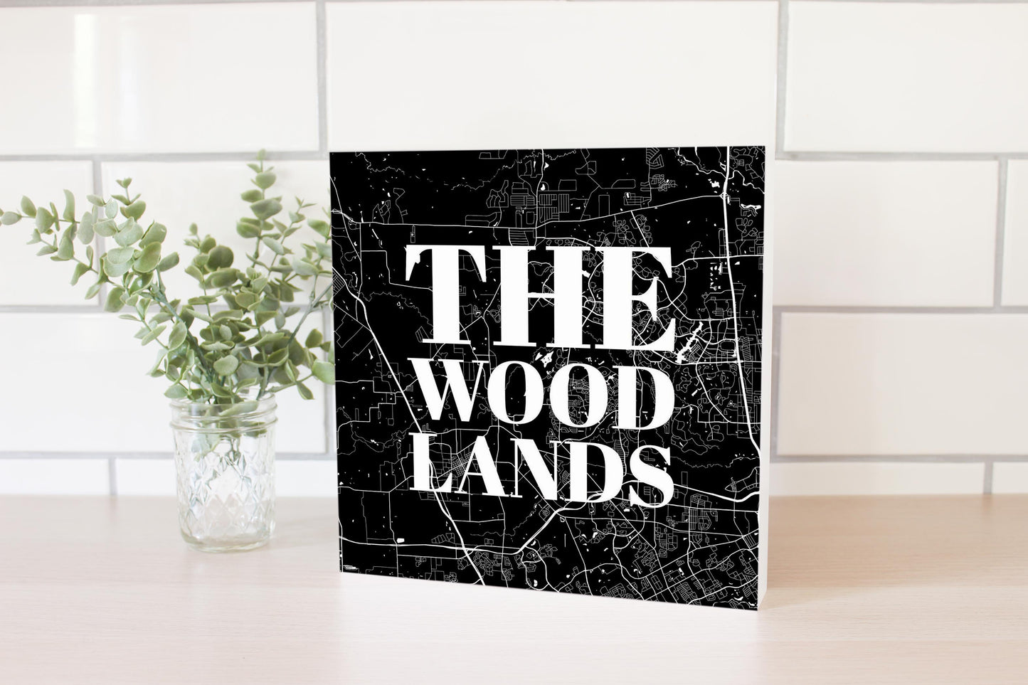 Minimalistic B&W Texas The Woodlands Map | Wood Block | Eaches | Min 2