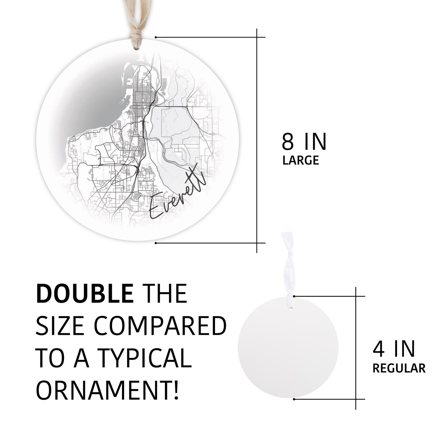 Minimalistic B&W Washington Everett Circle Map | Wood Ornament | Eaches | Min 1