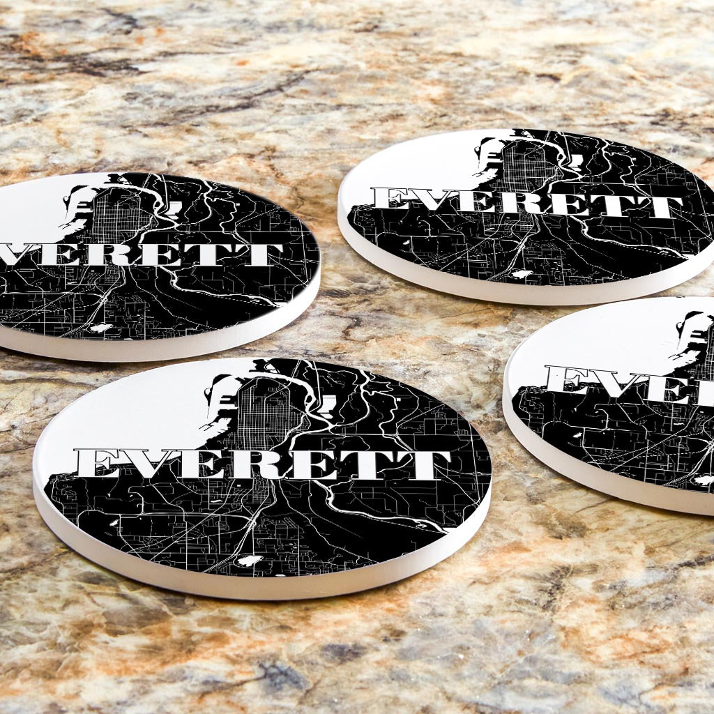 Minimalistic B&W Washington Everett Map | Absorbent Coasters | Set of 4 | Min 2