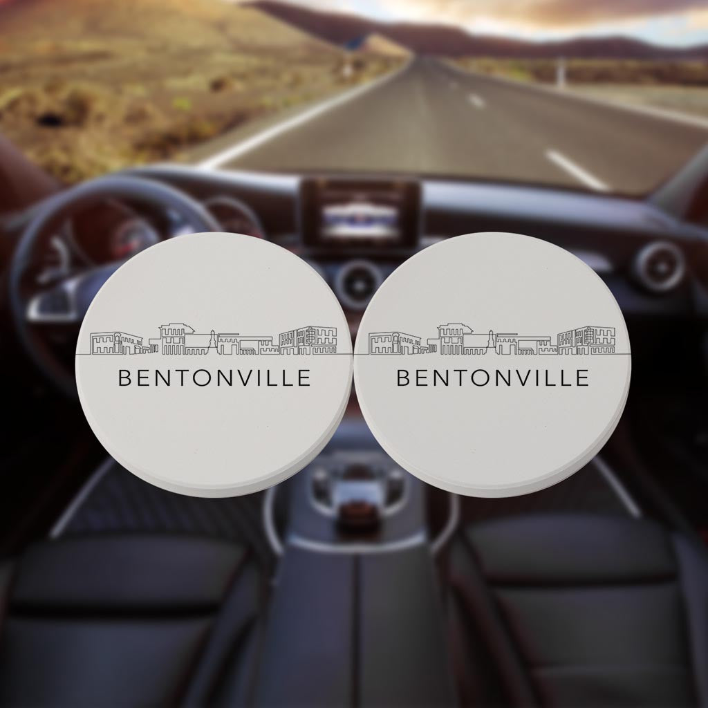Minimalist B&W Arkansas Bentonville Skyline | Absorbent Car Coasters | Set of 2 | Min 4