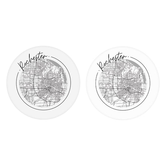 Minimalistic B&W New York Rochester Circle Map | Absorbent Car Coasters | Set of 2 | Min 4
