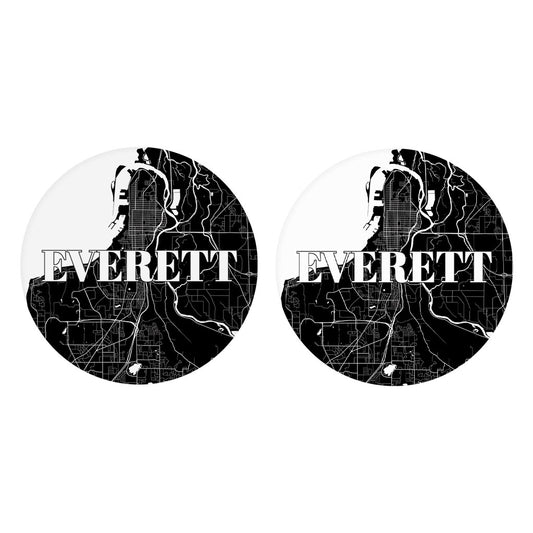 Minimalistic B&W Washington Everett Map | Absorbent Car Coasters | Set of 2 | Min 4
