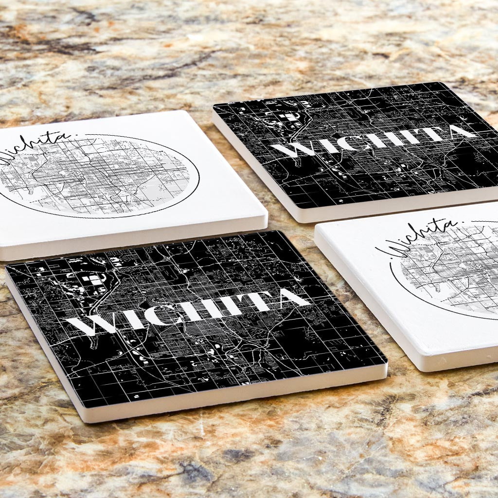 Minimalist B&W Kansas Wichita Maps | Absorbent Coasters | Set of 4 | Min 2