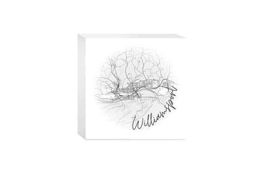 Minimalistic B&W Pennsylvania Williamsport Circle Map | Wood Block | Eaches | Min 4
