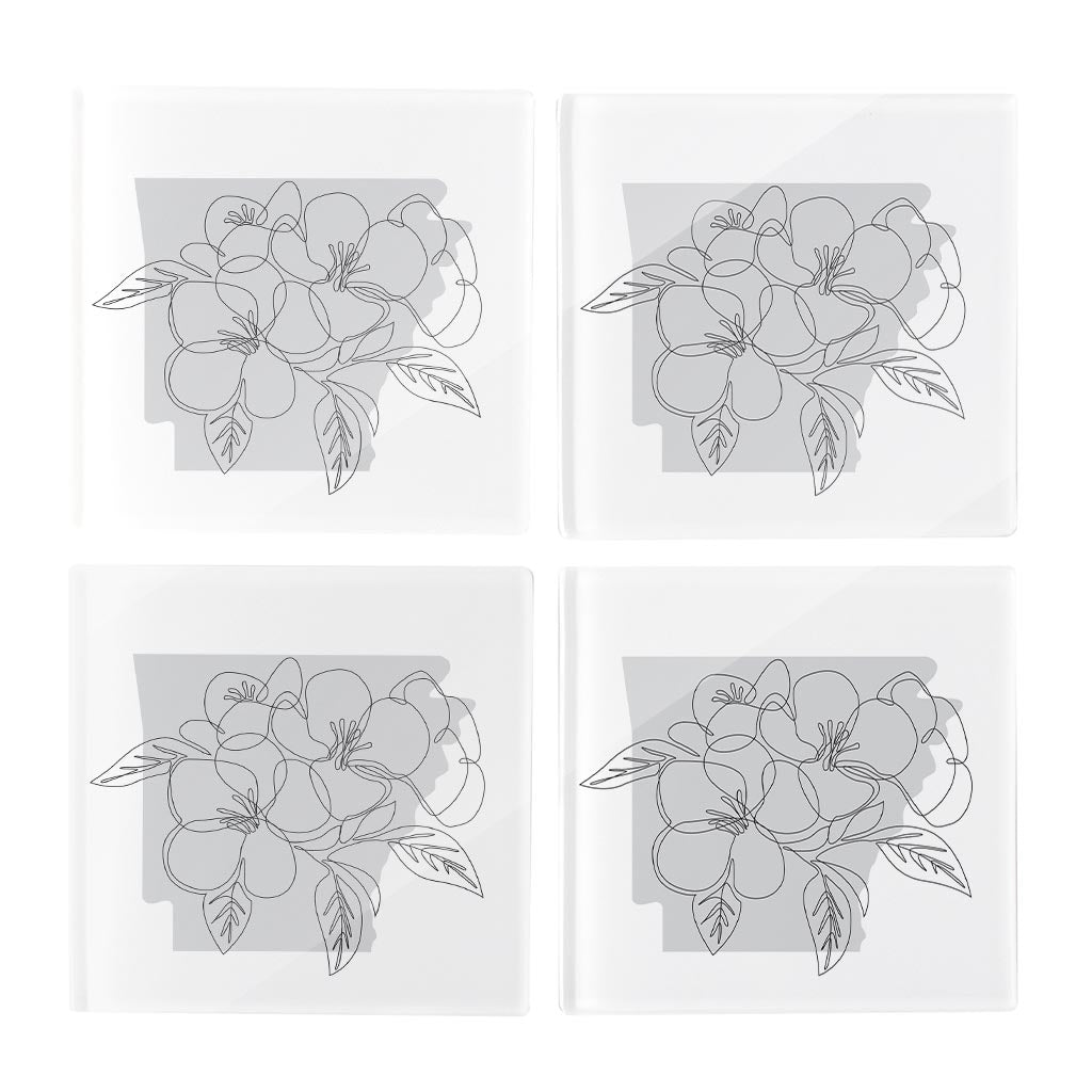 B&W Minimalist Arkansas Single Line Apple Blossoms | Hi-Def Glass Coasters | Set of 4 | Min 2