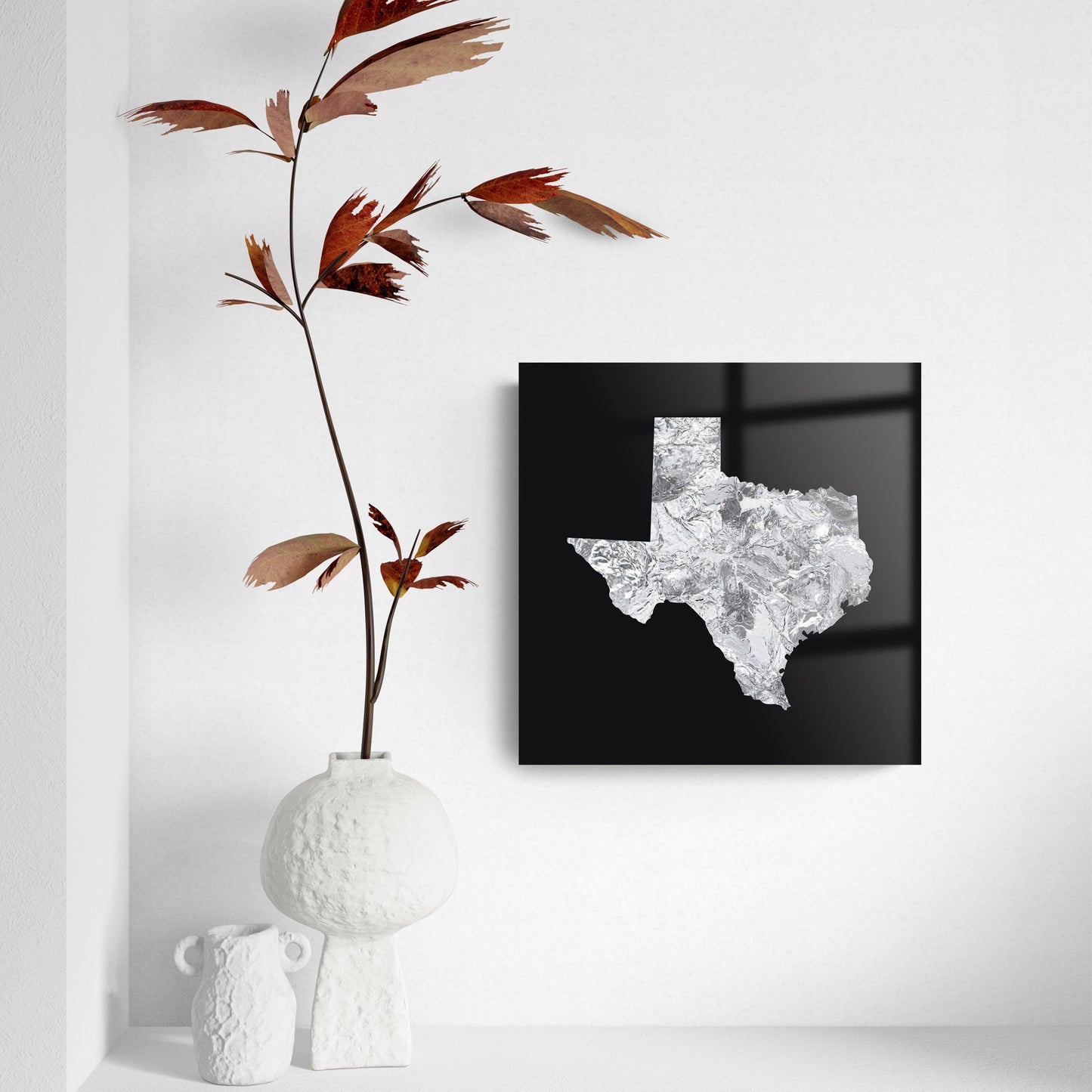 Minimalistic B&W Texas Metal State Shape | Hi-Def Glass Art | Eaches | Min 2