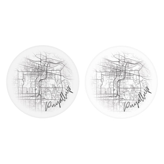 Minimalistic B&W Washington Puyallup Circle Map | Absorbent Car Coasters | Set of 2 | Min 4