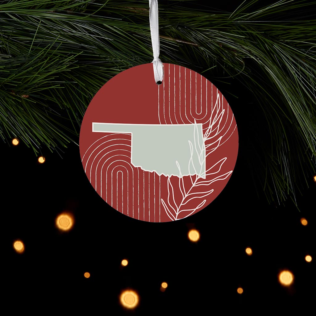 Modern Minimalist Oklahoma State Shape With Leaf| Wood Ornament | Eaches | Min 6