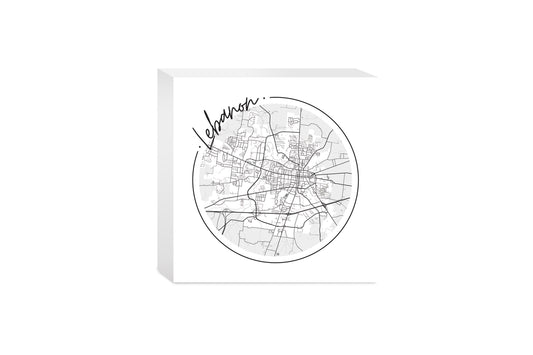 Minimalist B&W Tennessee Lebanon Circle Map | Wood Block | Eaches | Min 4