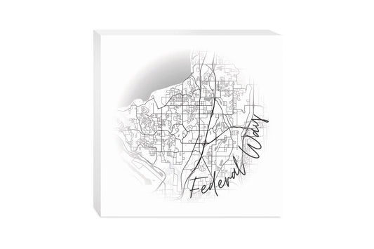 Minimalistic B&W Washington Federal Way Circle Map | Wood Block | Eaches | Min 2