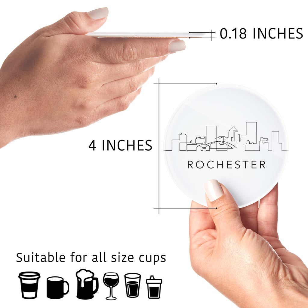 Minimalistic B&W New York Rochester Skyline | Hi-Def Glass Coasters | Set of 4 | Min 2