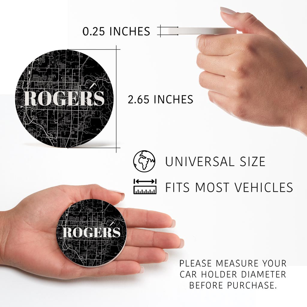 Minimalist B&W Arkansas Rogers Map | Absorbent Car Coasters | Set of 2 | Min 4