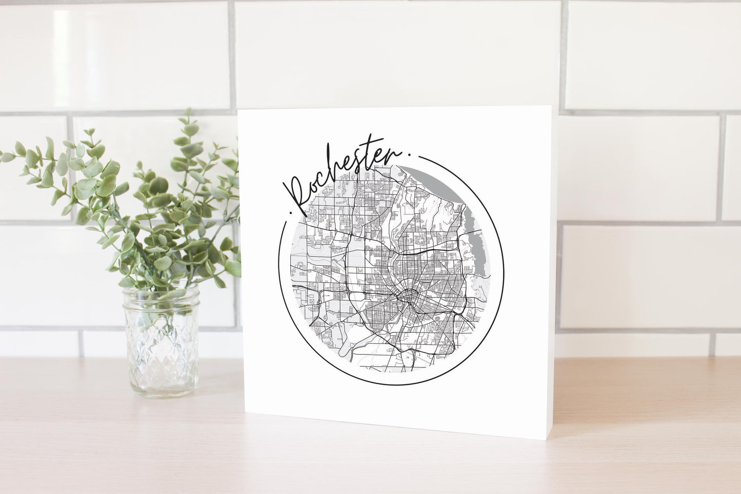 Minimalistic B&W New York Rochester Circle Map | Wood Block | Eaches | Min 2