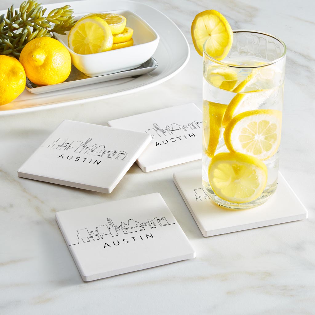 Minimalist B&W Texas Austin Skyline | Absorbent Coasters | Set of 4 | Min 2