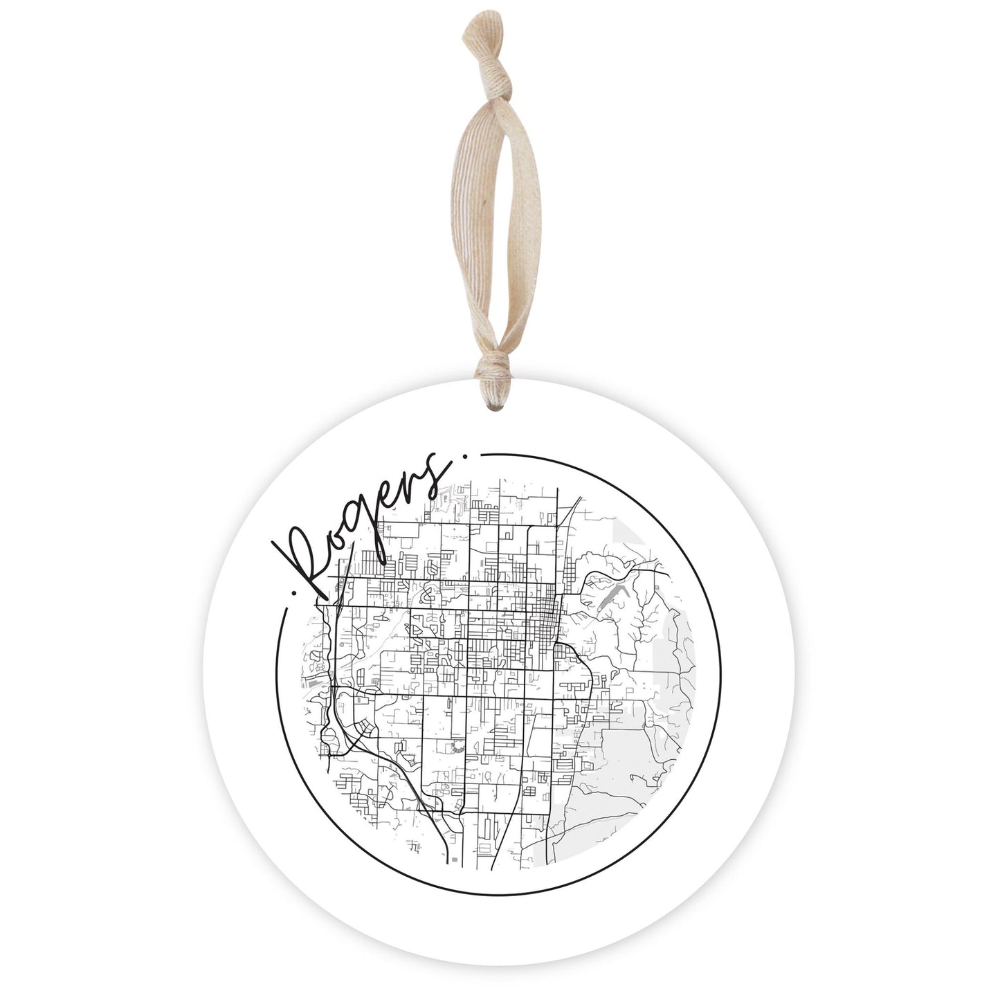 Minimalist B&W Arkansas Rogers Circle Map | Wood Ornament | Eaches | Min 1