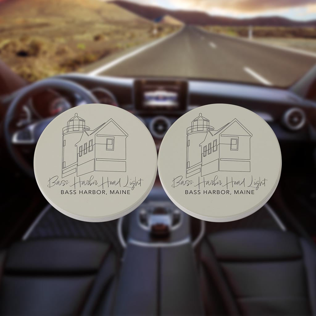Bass Harbor Head Light Muted Coastal | Absorbent Car Coasters | Set of 2 | Min 4