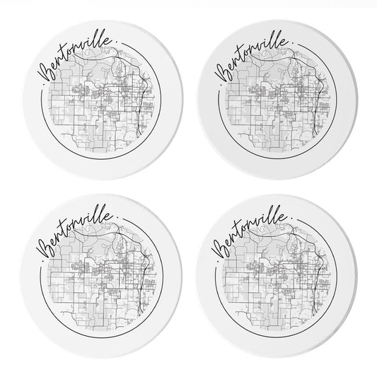 Minimalist B&W Arkansas Bentonville Circle Map | Absorbent Coasters | Set of 4 | Min 2