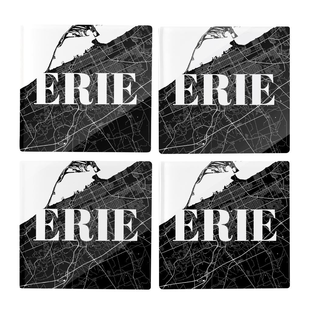 Minimalistic B&W Pennsylvania Erie Map | Hi-Def Glass Coasters | Set of 4 | Min 2