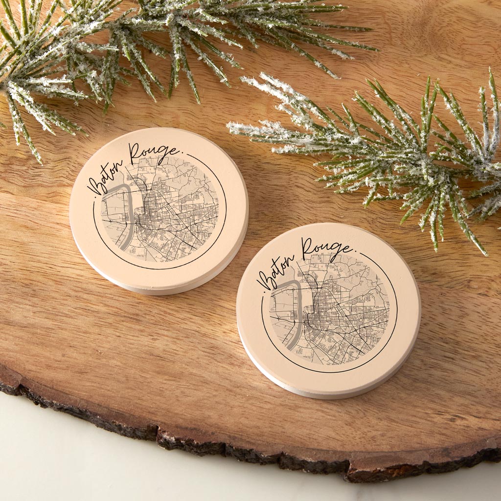 Louisiana Colorful Baton Rouge Circle Map | Absorbent Car Coasters | Set of 2 | Min 4