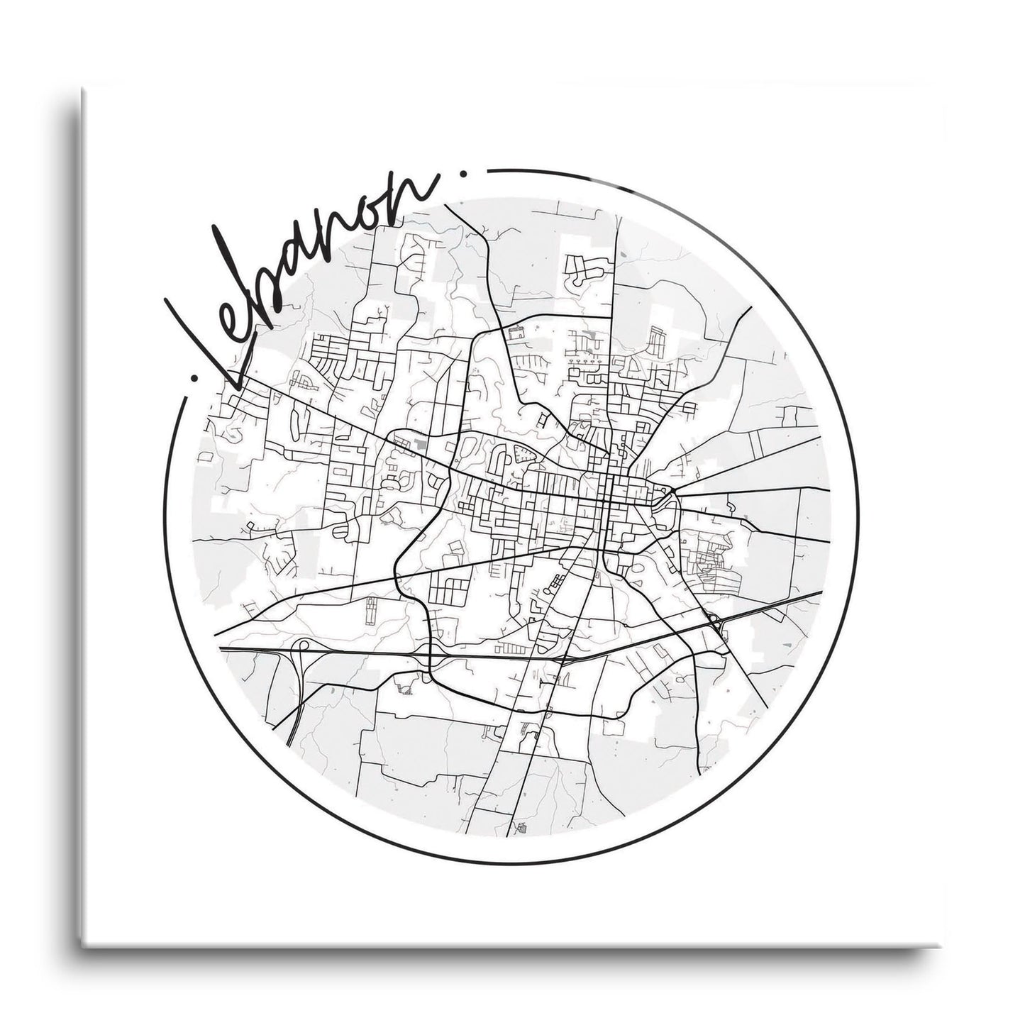 Minimalist B&W Tennessee Lebanon Circle Map | Hi-Def Glass Art | Eaches | Min 1