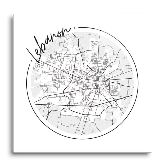 Minimalist B&W Tennessee Lebanon Circle Map | Hi-Def Glass Art | Eaches | Min 1