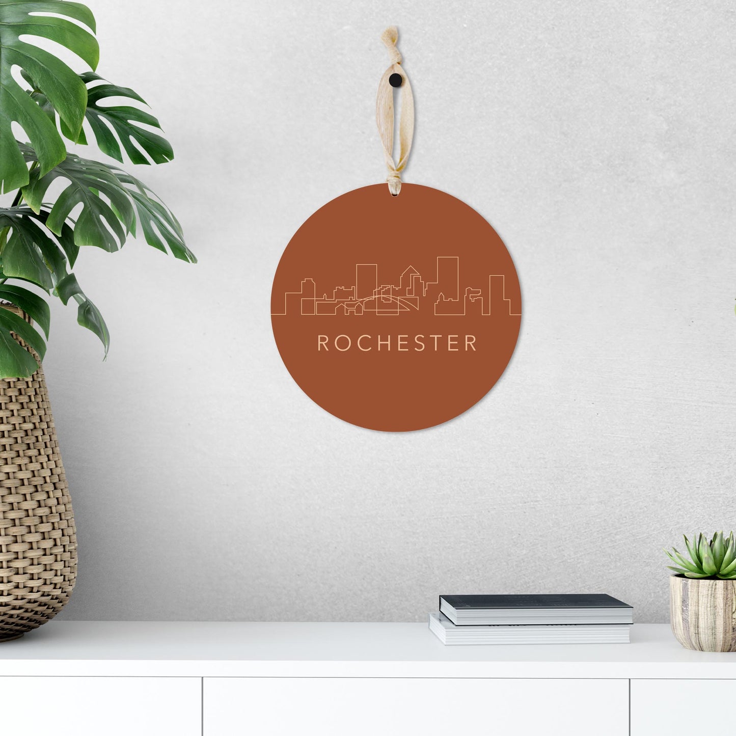 Modern Minimalist New York Rochester Skyline | Wood Ornament | Eaches | Min 1