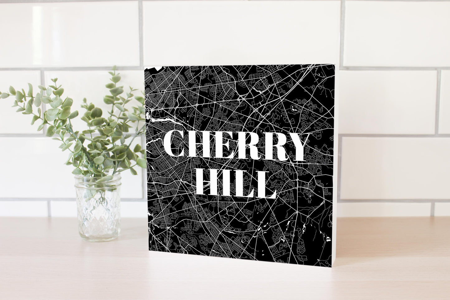 Minimalistic B&W New Jersey Cherry Hill Map | Wood Block | Eaches | Min 2