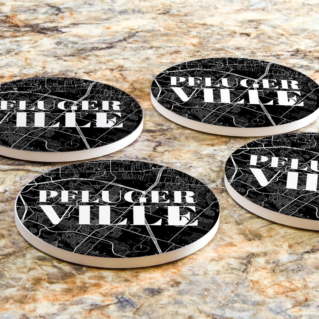 Minimalistic B&W Texas Pflugerville Map | Absorbent Coasters | Set of 4 | Min 2