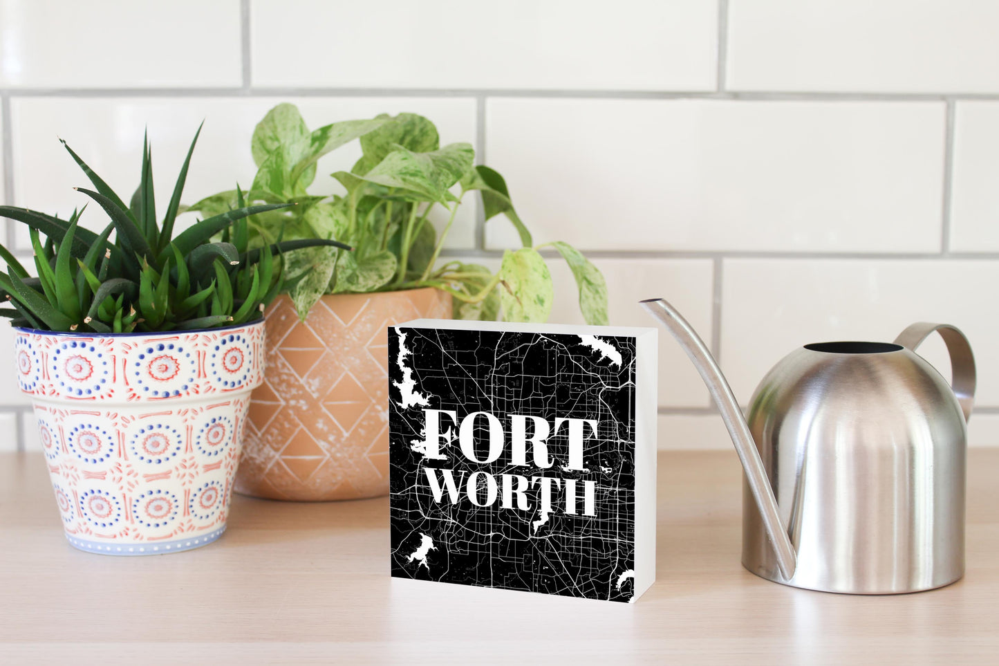 Minimalistic B&W Texas Fort Worth Map | Wood Block | Eaches | Min 4