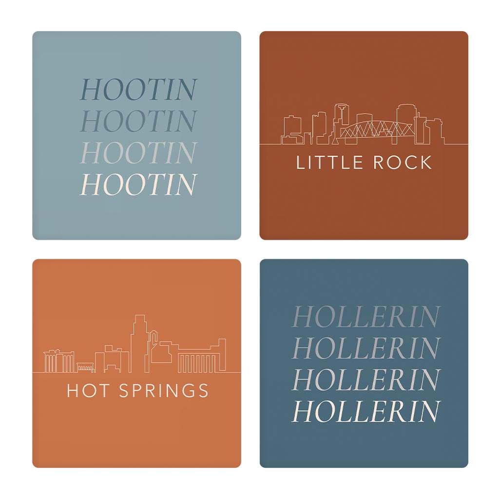 Modern Minimalist Arkansas Skyline Hootin Hollerin | Absorbent Coasters | Set of 4 | Min 2