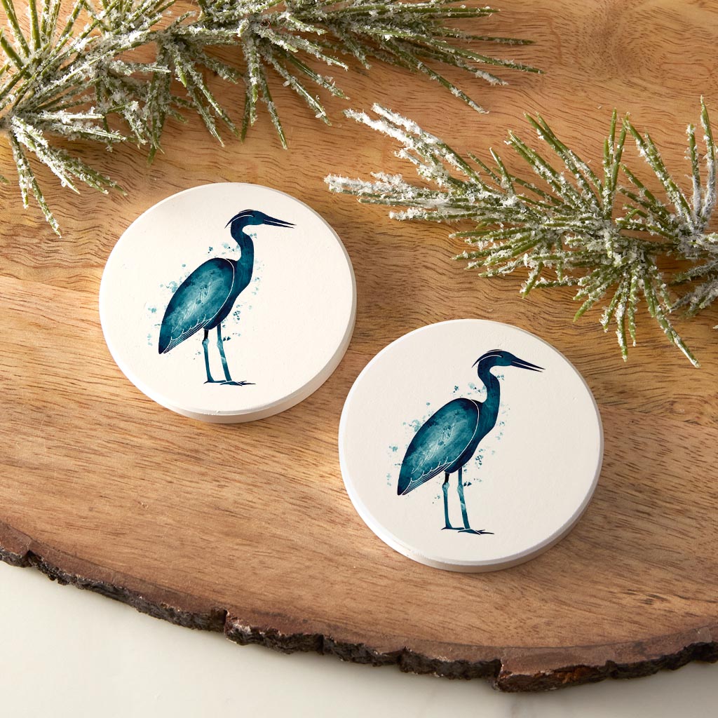 New England Water Color Heron | Absorbent Car Coasters | Set of 2 | Min 4