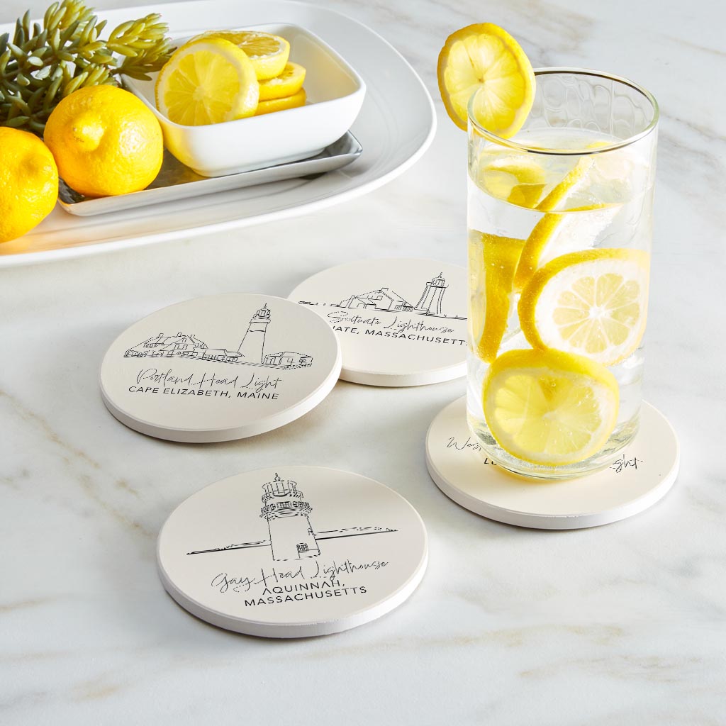 New England Lighthouses Cream Colored | Absorbent Coasters | Set of 4 | Min 2