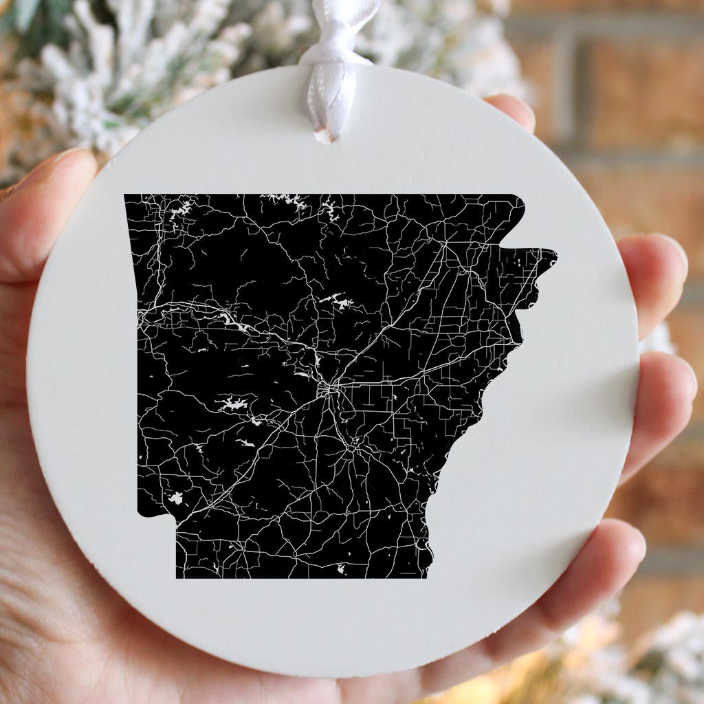 B&W Minimalist Arkansas Map | Wood Ornament | Eaches | Min 6