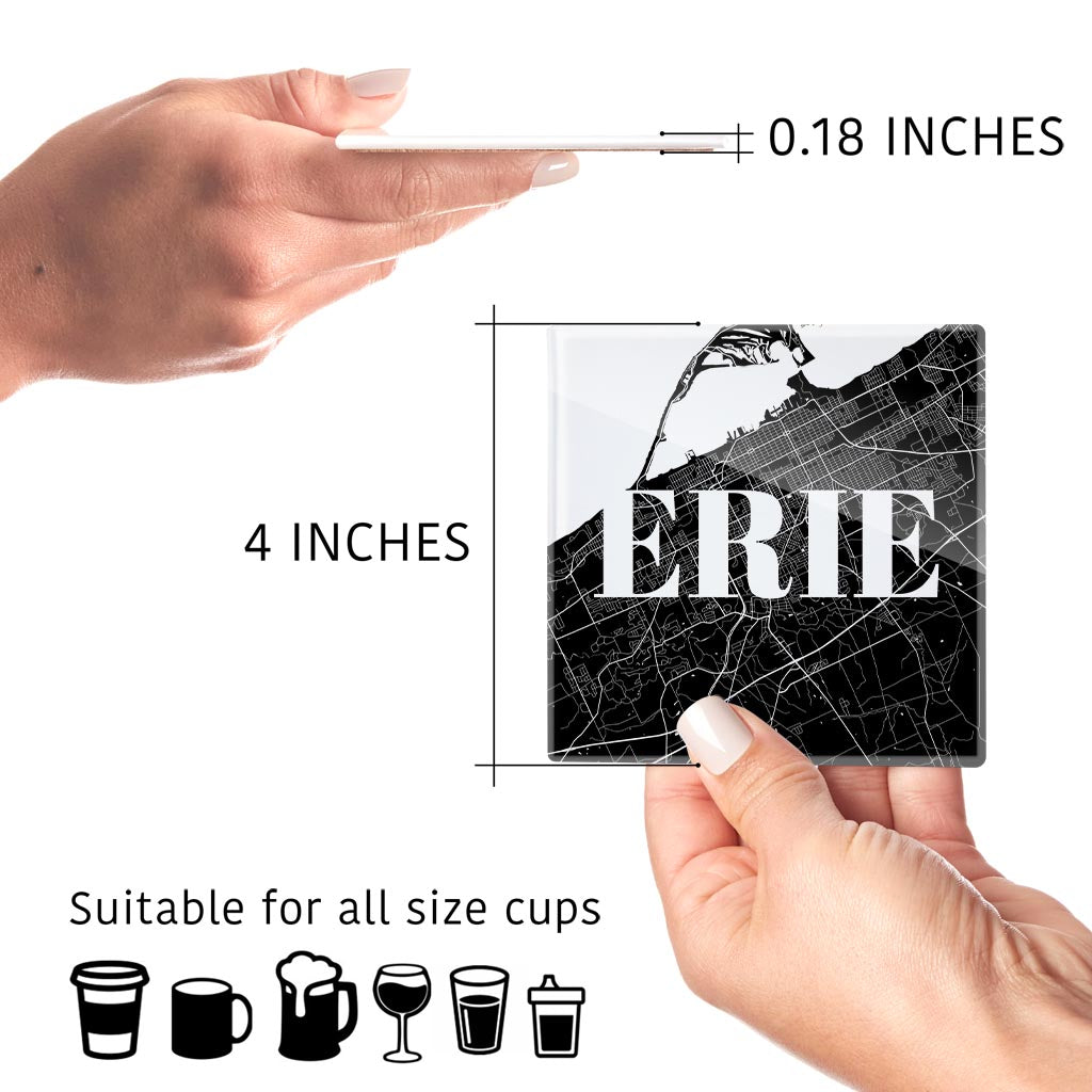 Minimalistic B&W Pennsylvania Erie Map | Hi-Def Glass Coasters | Set of 4 | Min 2