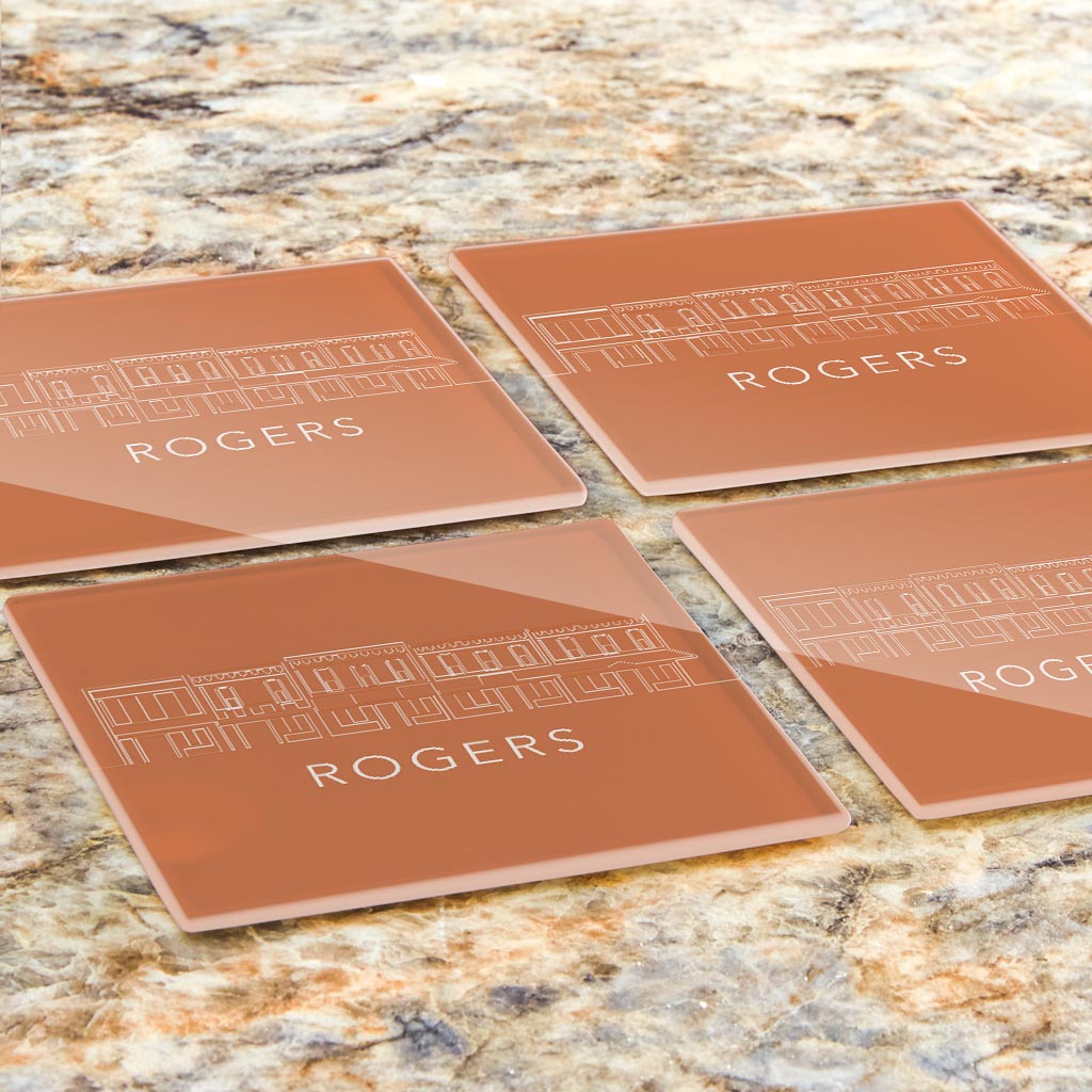Modern Minimalist Arkansas Rogers Skyline | Hi-Def Glass Coasters | Set of 4 | Min 2