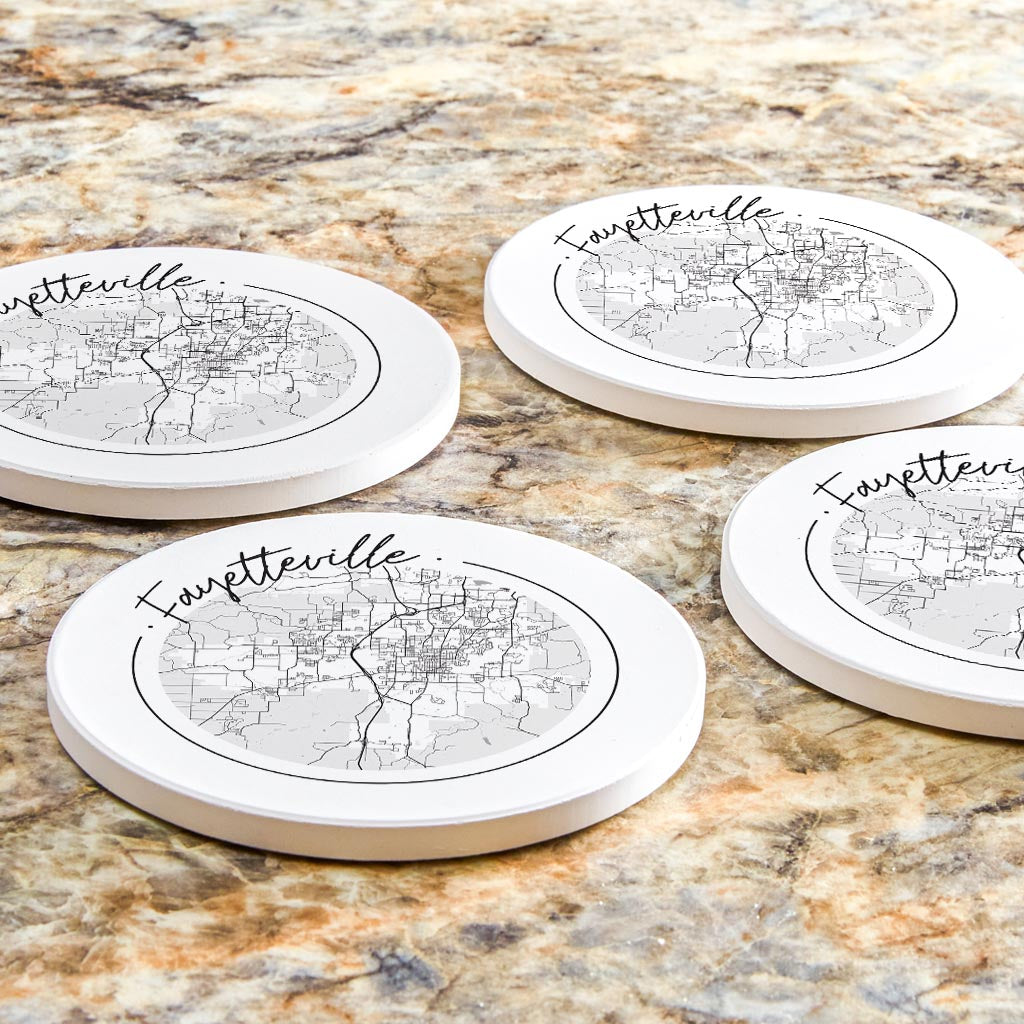 B&W Minimalist Arkansas Fayetteville Circle Map| Absorbent Coasters | Set of 4 | Min 2