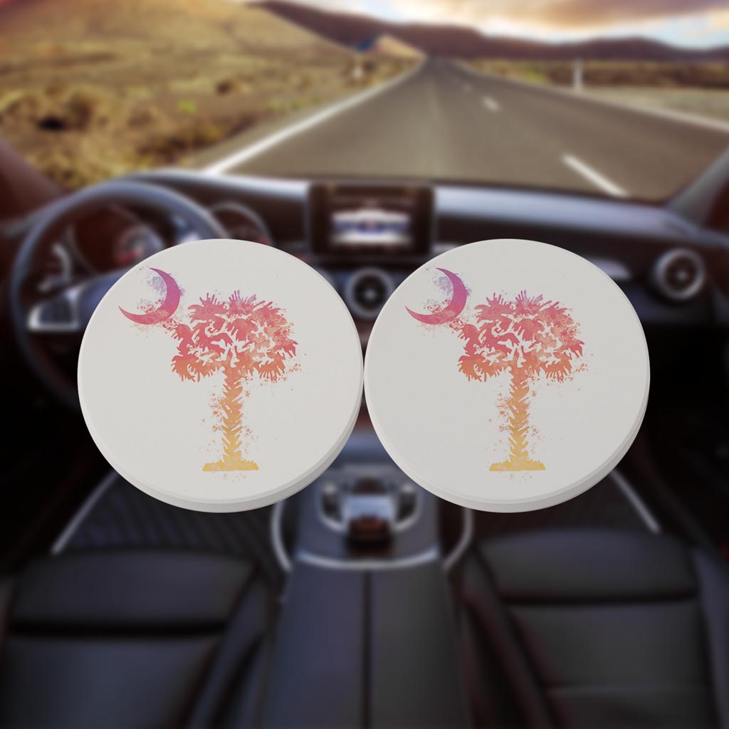 South Carolina Pink Water Color Palm Trees On White | Absorbent Car Coasters | Set of 2 | Min 4