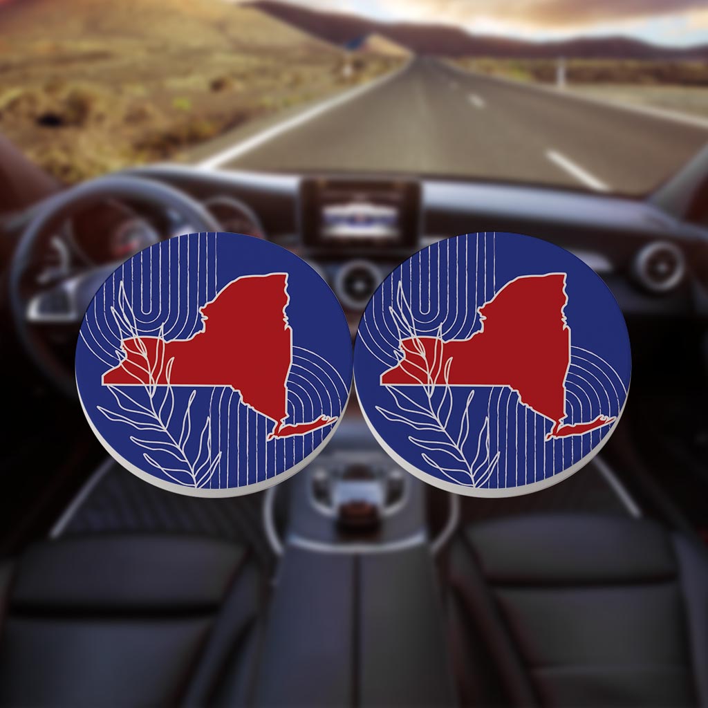 Red White And Blue New York State Retro Thin Lines | Absorbent Car Coasters | Set of 2 | Min 4