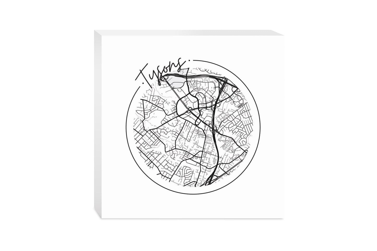 Minimalistic B&W Virginia Tysons Circle Map | Wood Block | Eaches | Min 2