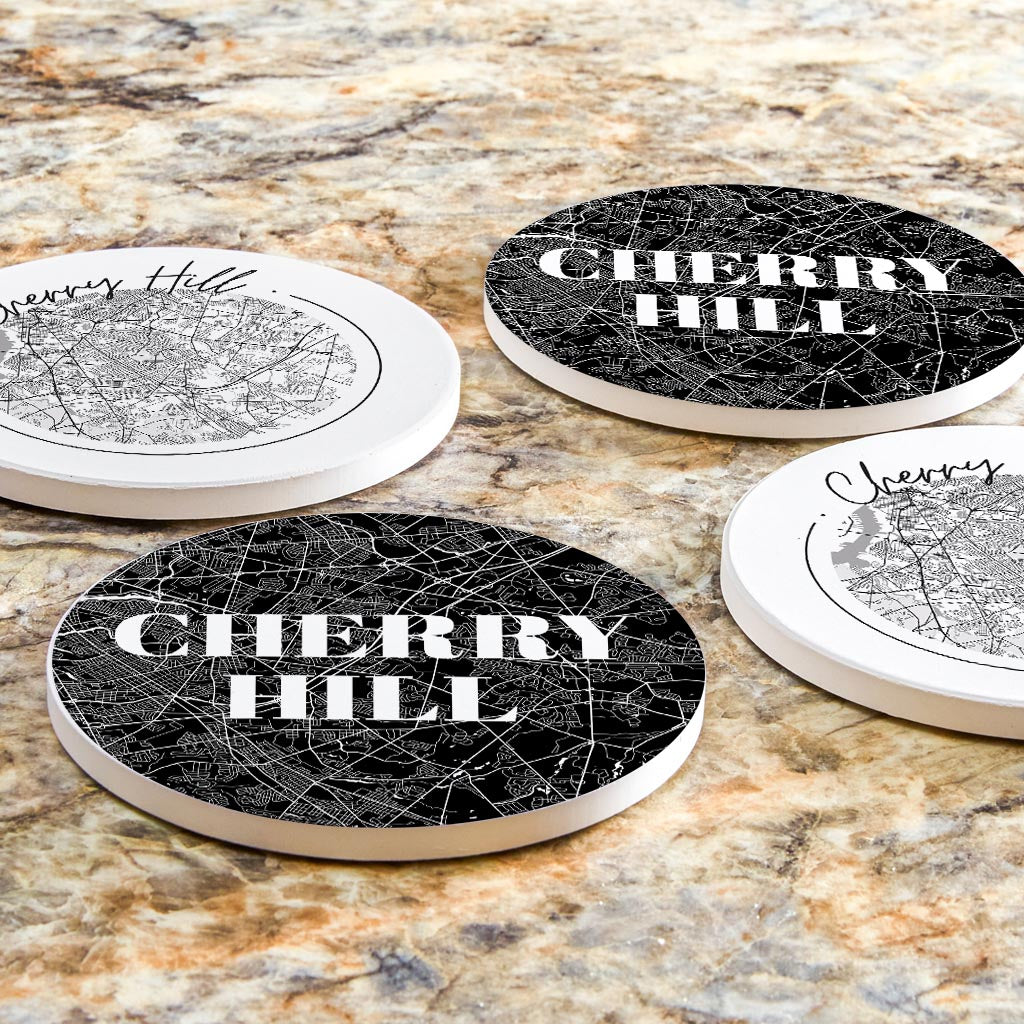 Minimalistic B&W New Jersey Cherry Hill Maps | Absorbent Coasters | Set of 4 | Min 2