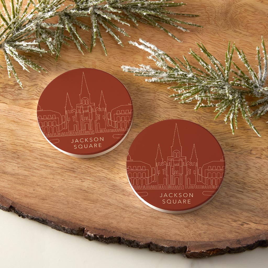 Modern Minimalist Louisiana Jackson Square Drawing| Absorbent Car Coasters | Set of 2 | Min 4