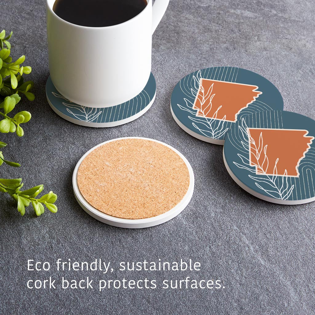 Modern Minimalist Arkansas State Shape With Leaf | Absorbent Coasters | Set of 4 | Min 2