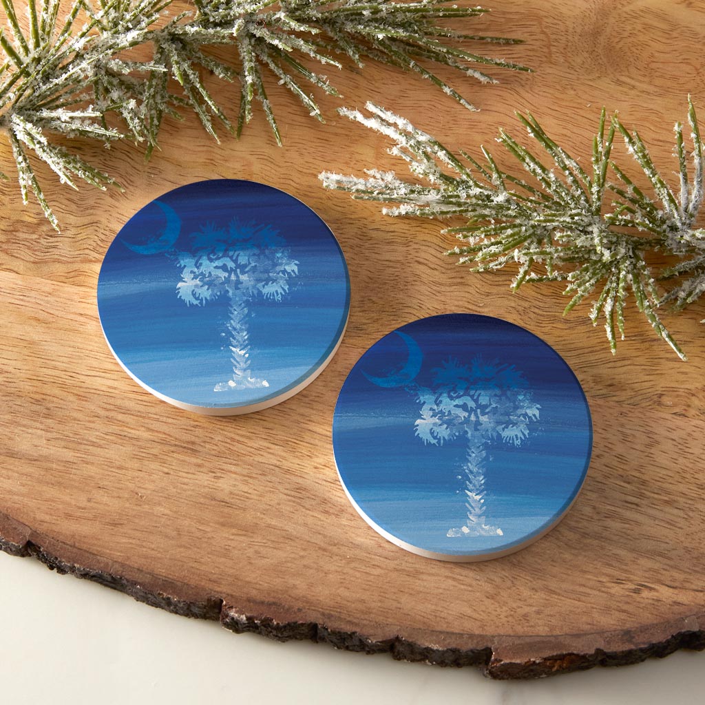 South Carolina Blue Water Color Palm Trees | Absorbent Car Coasters | Set of 2 | Min 4