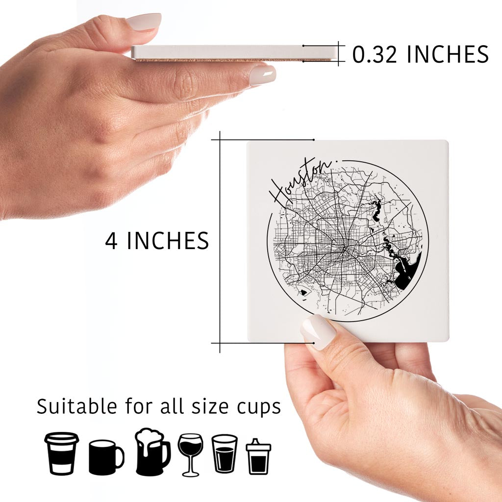 Modern Houston White Round Map | Absorbent Coasters | Set of 4 | Min 2