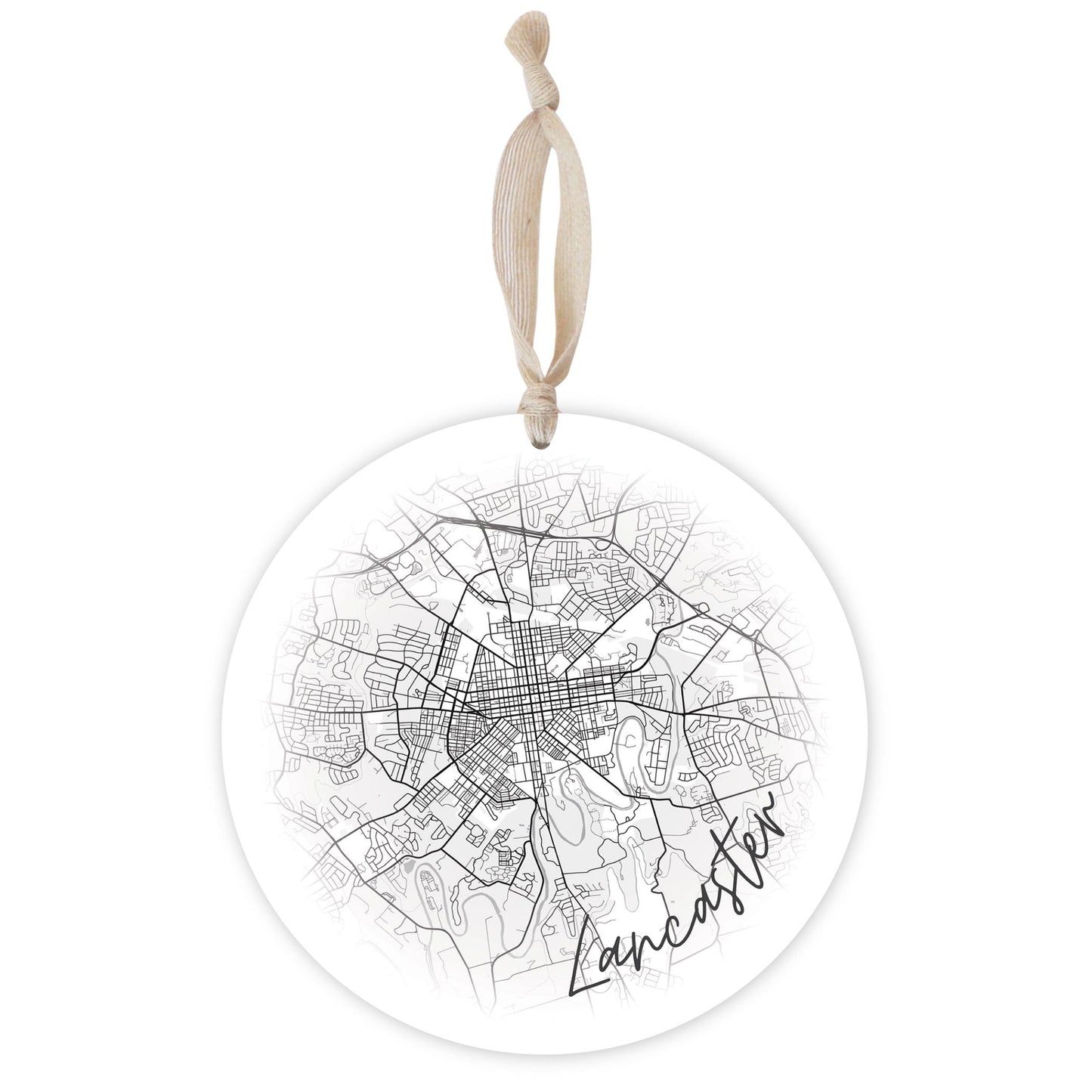 Minimalistic B&W Pennsylvania Lancaster Circle Map | Wood Ornament | Eaches | Min 1